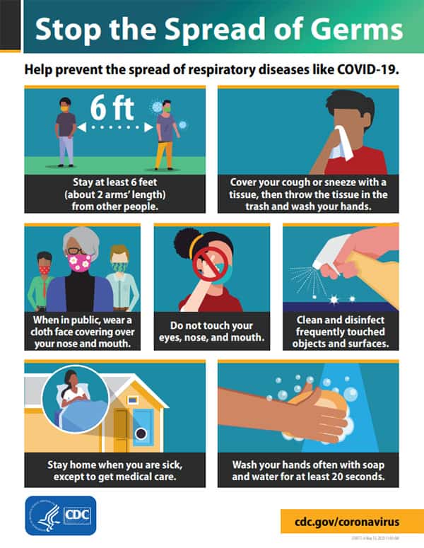 In our COVID-19 Policy we want to remind everyone to prevent the spread of COVID-19 by staying at least 6 feet from other people; covering your cough or sneeze; wearing a mask in public; not touching your eyes, nose, and mouth; and washing your hands with soap and water. 